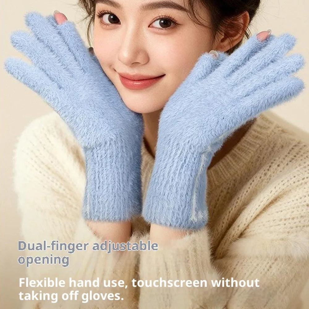 DZ155 Winter Gloves with Touchscreen Compatible Fingertip Holes Warm Faux Mink Fur Mittens for Women - Blue - 5