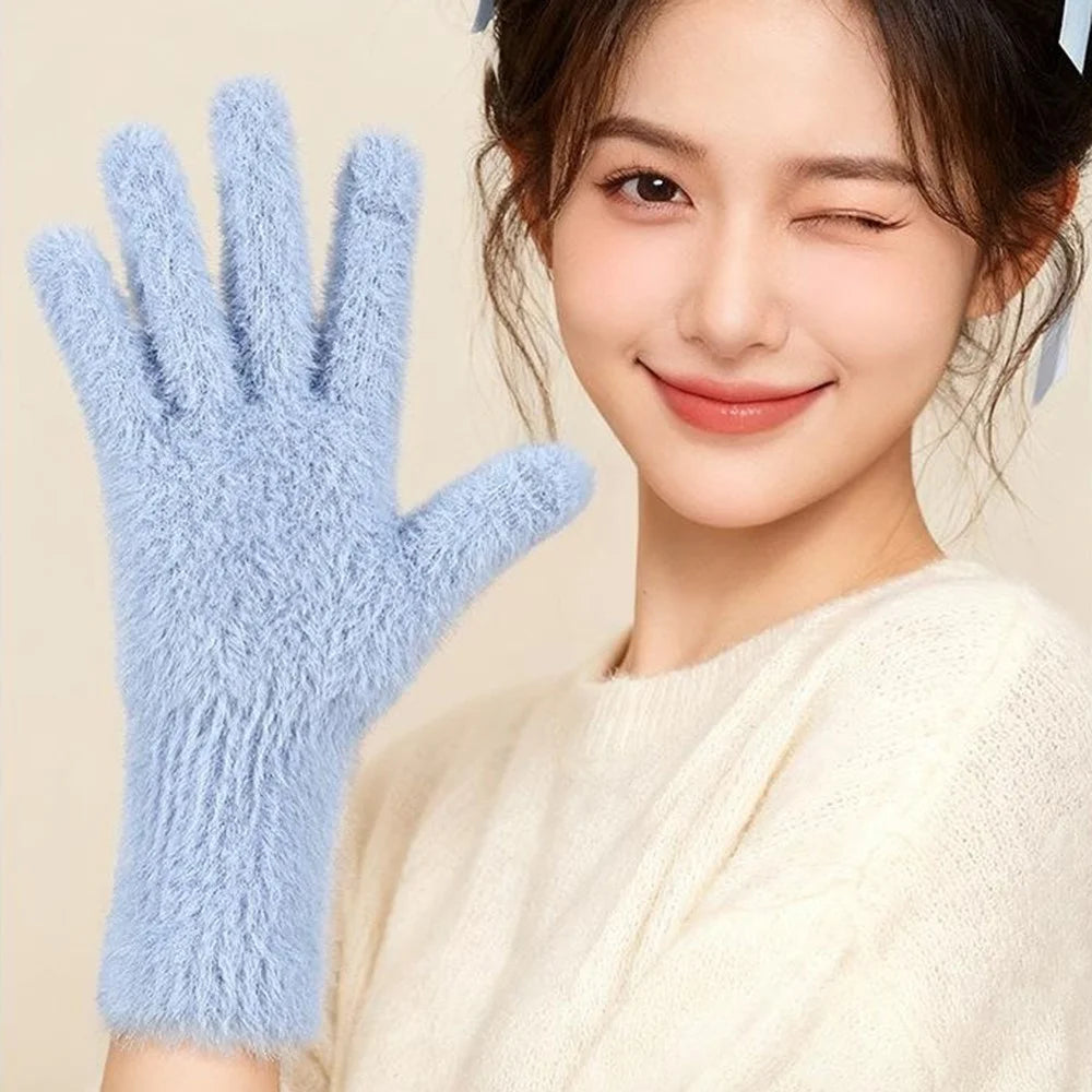 DZ155 Winter Gloves with Touchscreen Compatible Fingertip Holes Warm Faux Mink Fur Mittens for Women - Blue - 6