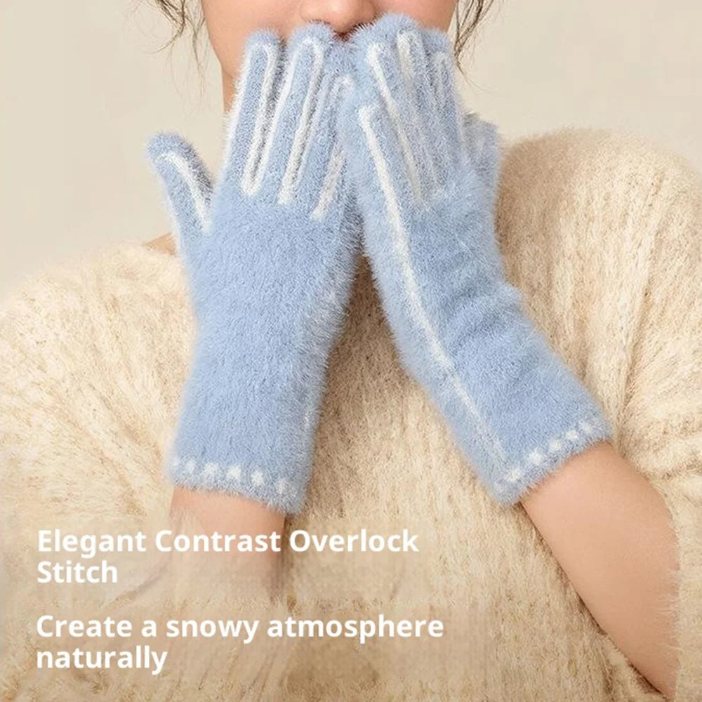 DZ155 Winter Gloves with Touchscreen Compatible Fingertip Holes Warm Faux Mink Fur Mittens for Women - Blue - 7