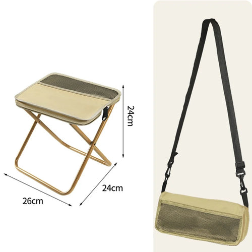 Size S Portable Folding Stool Crossbody Bag 600D Oxford Cloth Outdoor Chair for Travel Camping, 25 x 24 x 23cm - Khaki - 1