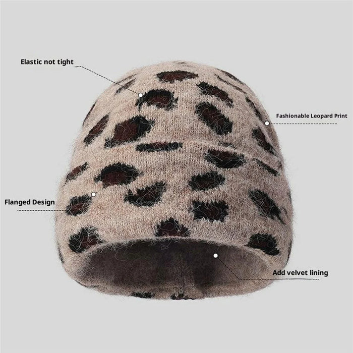 Fashion Leopard Print Winter Cashmere Beanie Hat Outdoor Windproof Thick Fleece Lined Cap - Oatmeal - 2