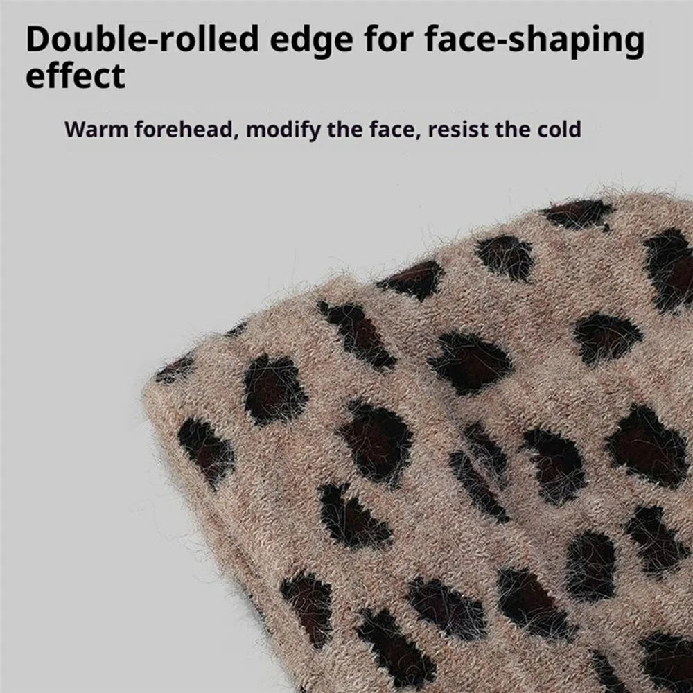 Fashion Leopard Print Winter Cashmere Beanie Hat Outdoor Windproof Thick Fleece Lined Cap - Oatmeal - 4