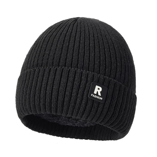Winter Knit Beanie Hat Outdoor Cold Protection Ear Warmer R Logo Embroidered Ice Cap - Black - 1