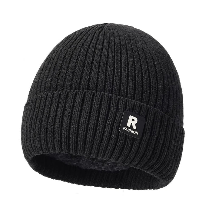 Winter Knit Beanie Hat Outdoor Cold Protection Ear Warmer R Logo Embroidered Ice Cap - Black - 1