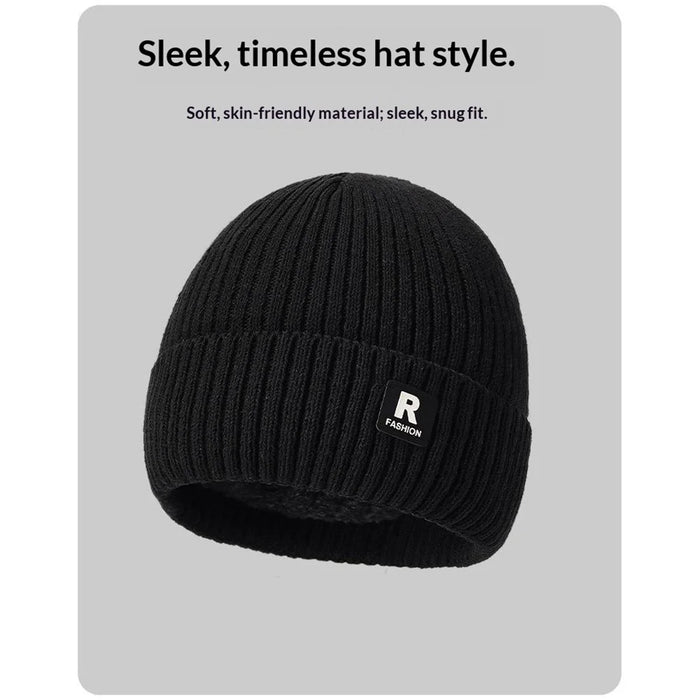 Winter Knit Beanie Hat Outdoor Cold Protection Ear Warmer R Logo Embroidered Ice Cap - Black - 4