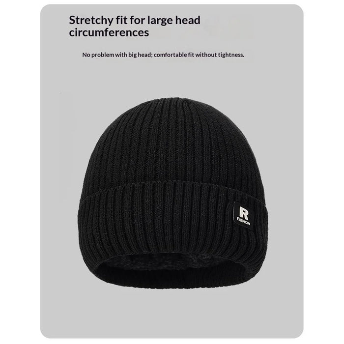 Winter Knit Beanie Hat Outdoor Cold Protection Ear Warmer R Logo Embroidered Ice Cap - Black - 5