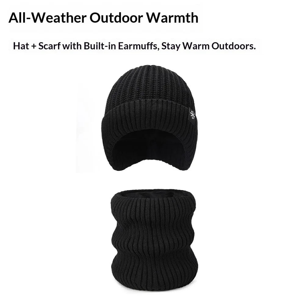 Winter Acrylic Snowflake Knit Hat and Neck Warmer Set Fleece Lined Elastic Beanie with Scarf for Cold Weather - Black - 2