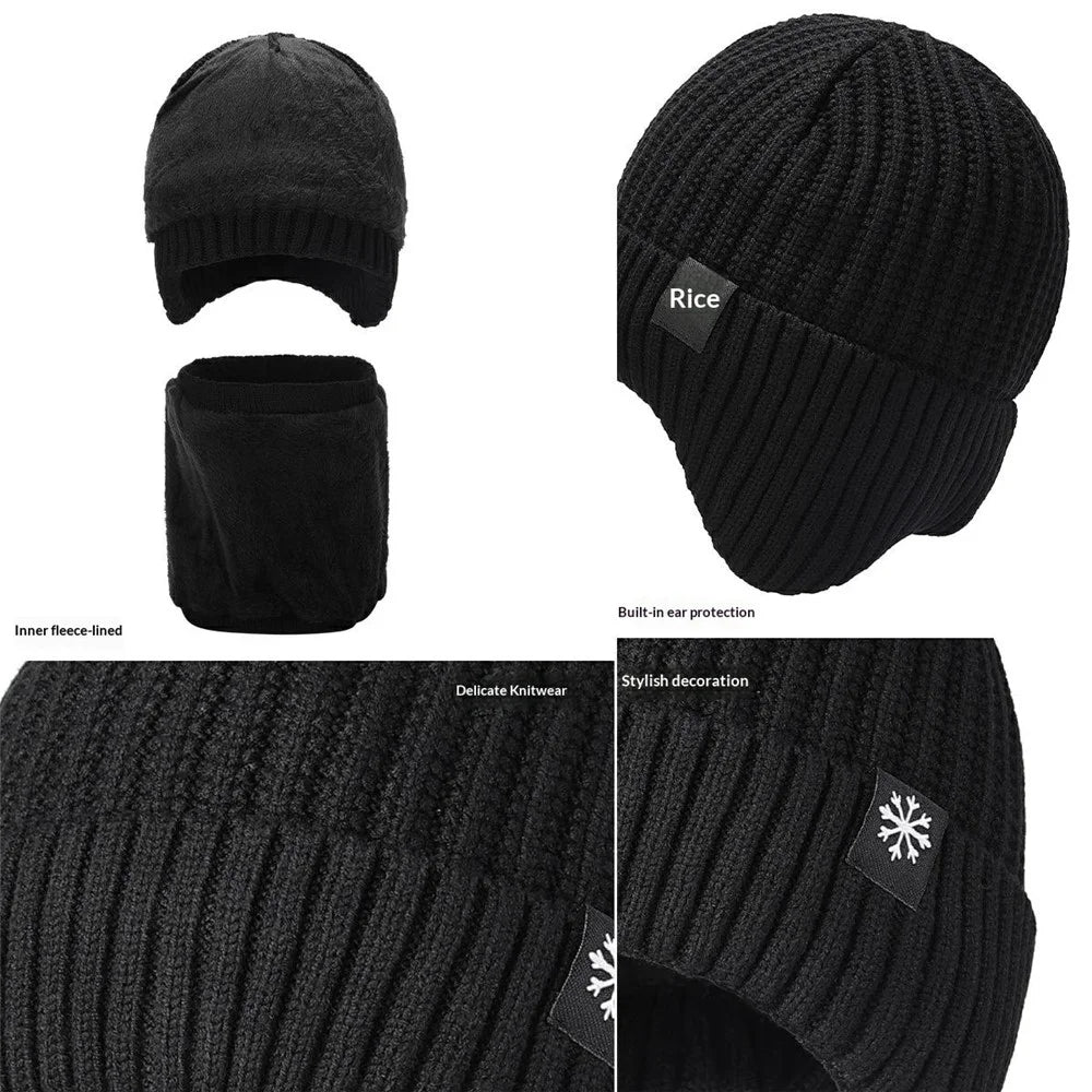 Winter Acrylic Snowflake Knit Hat and Neck Warmer Set Fleece Lined Elastic Beanie with Scarf for Cold Weather - Black - 3