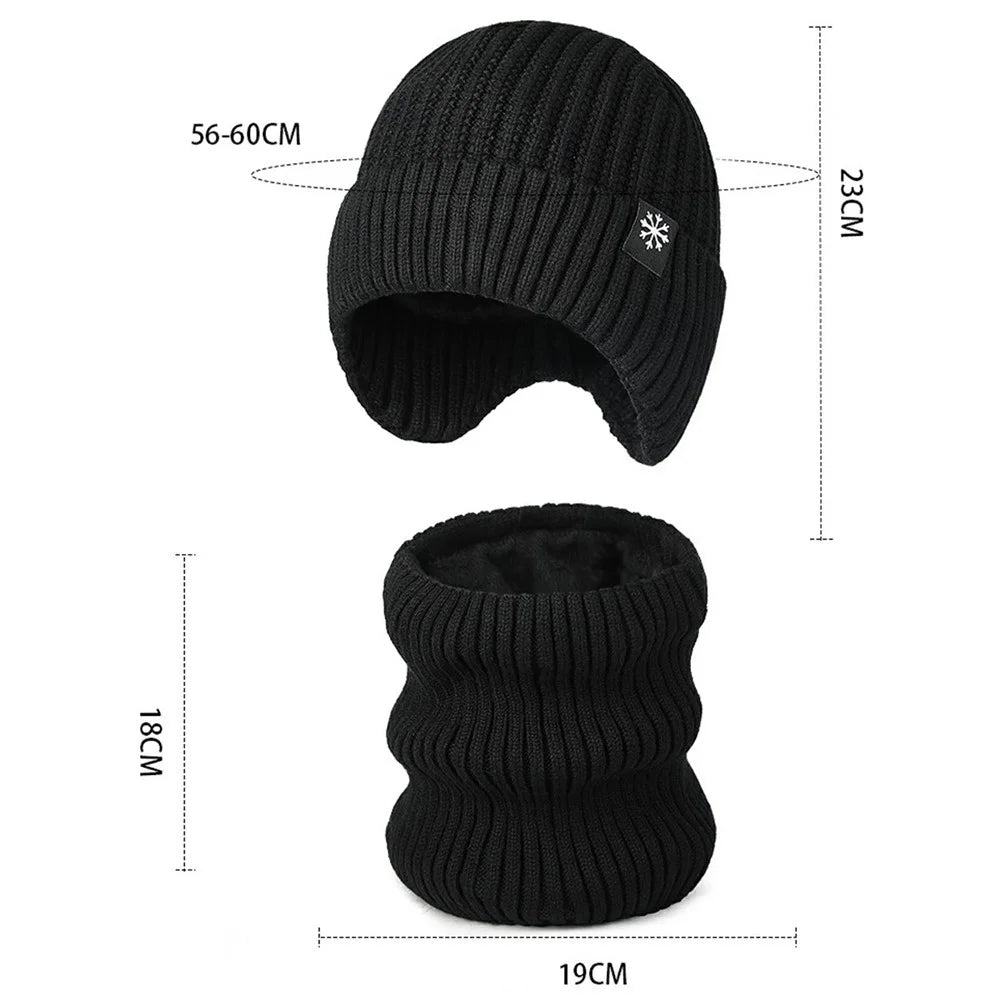 Winter Acrylic Snowflake Knit Hat and Neck Warmer Set Fleece Lined Elastic Beanie with Scarf for Cold Weather - Black - 4