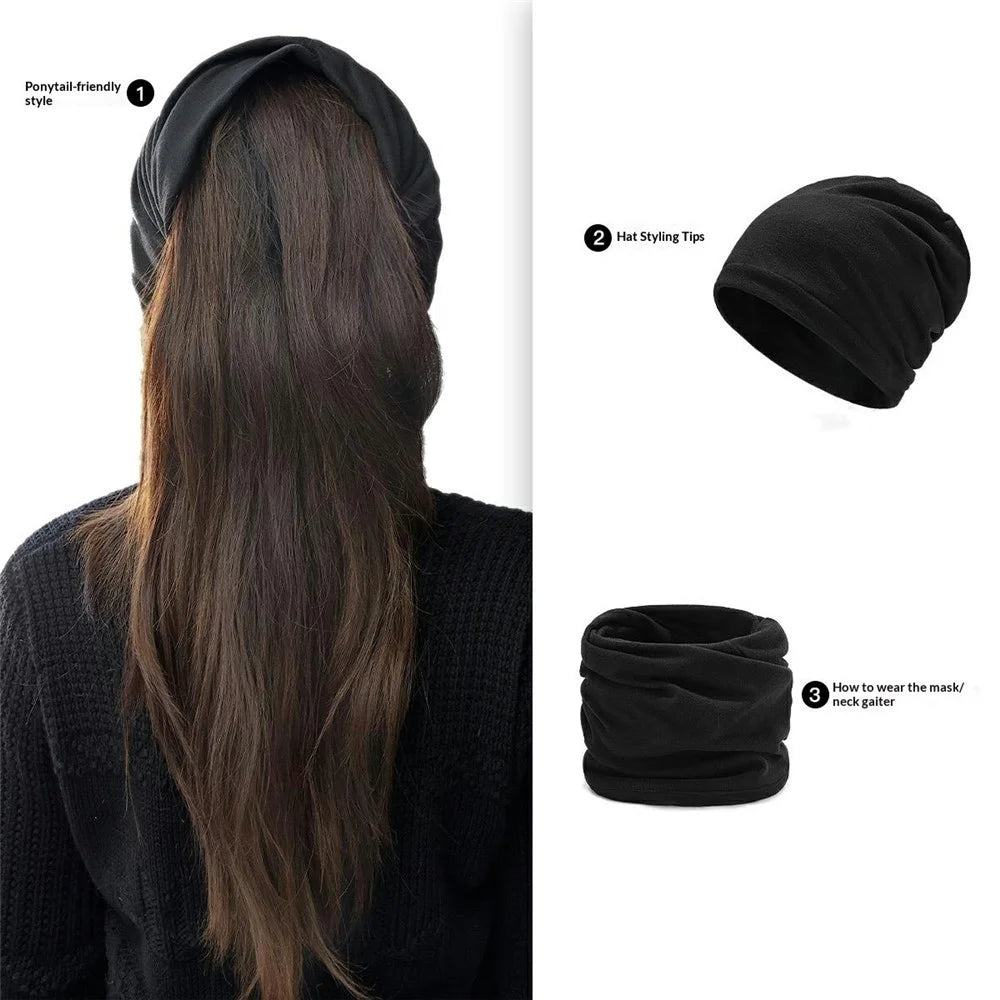 Four Season Slouch Beanie Fleece Warm Ear Hat Windproof Anti-Static Head Cover for Outdoor Cycling - Black - 2