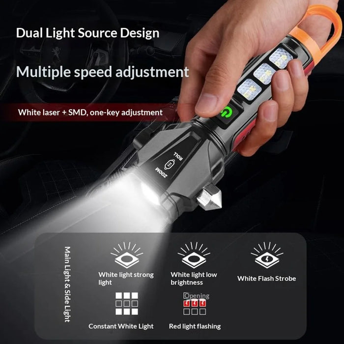 Safety Hammer Flashlight USB Charged with Side Light / Cutting Tool / Multi-Function Car Emergency White Laser Torch - Red - 2