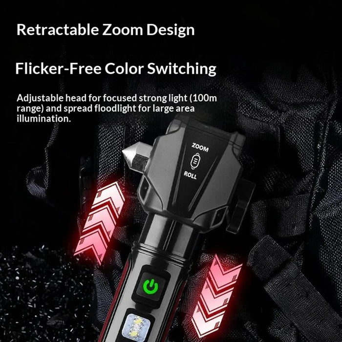 Safety Hammer Flashlight USB Charged with Side Light / Cutting Tool / Multi-Function Car Emergency White Laser Torch - Red - 3