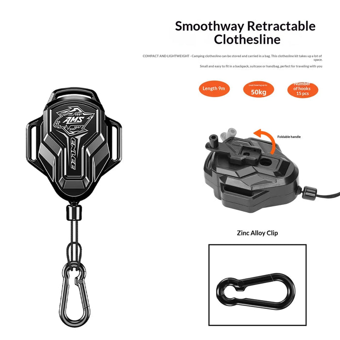 ENLEE 9m Outdoor Retractable Clothesline Portable Camping Hanging Drying Rope with Foldable Handle - Midnight Black - 6