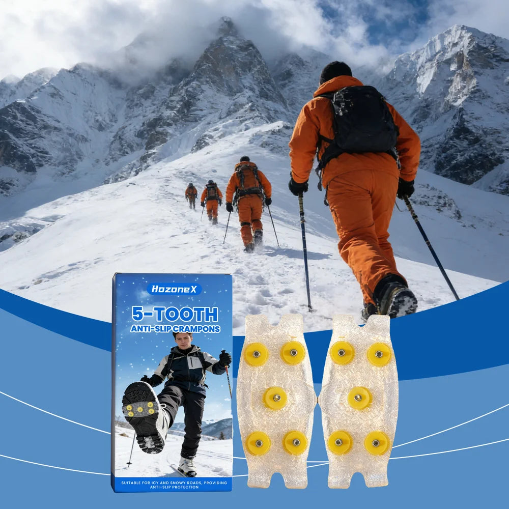 HOZONEX 5 Teeth Ice Cleats Anti Slip Crampon Outdoor Snow Mountain Climbing Anti Skid Grip Shoe Spikes - 1 Pair - 2