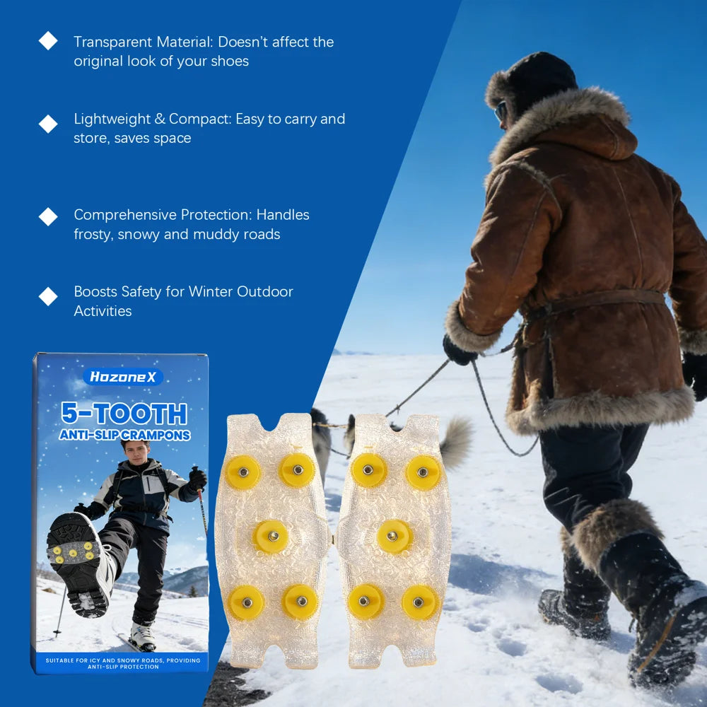 HOZONEX 5 Teeth Ice Cleats Anti Slip Crampon Outdoor Snow Mountain Climbing Anti Skid Grip Shoe Spikes - 1 Pair - 3