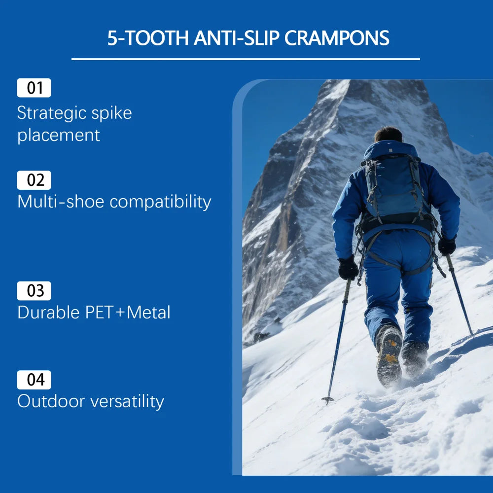 HOZONEX 5 Teeth Ice Cleats Anti Slip Crampon Outdoor Snow Mountain Climbing Anti Skid Grip Shoe Spikes - 1 Pair - 4