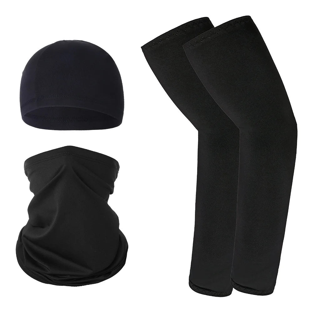 Summer UV Protection Breathable Ice Silk Arm Sleeves Beanie Cap Neck Gaiter Magic Headband Set for Outdoor Cycling - Black - 1
