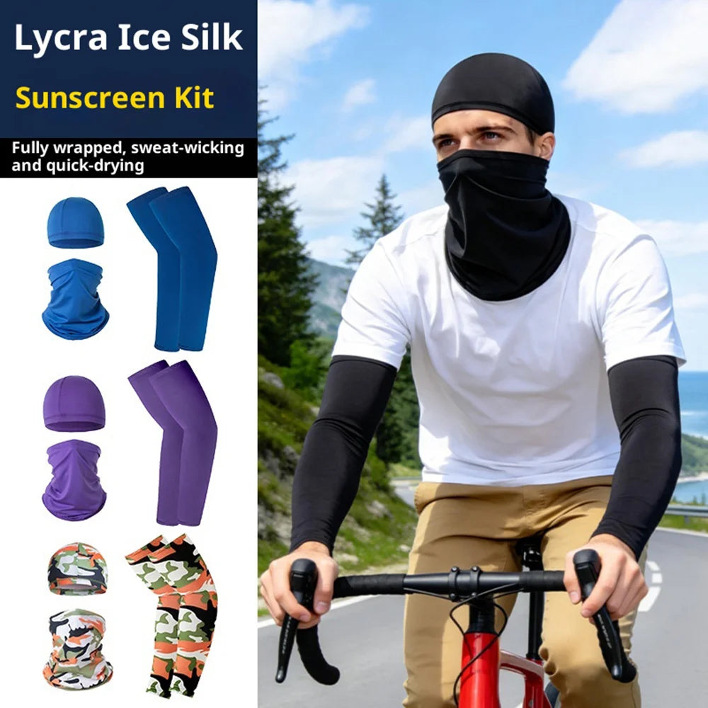Summer UV Protection Breathable Ice Silk Arm Sleeves Beanie Cap Neck Gaiter Magic Headband Set for Outdoor Cycling - Black - 2