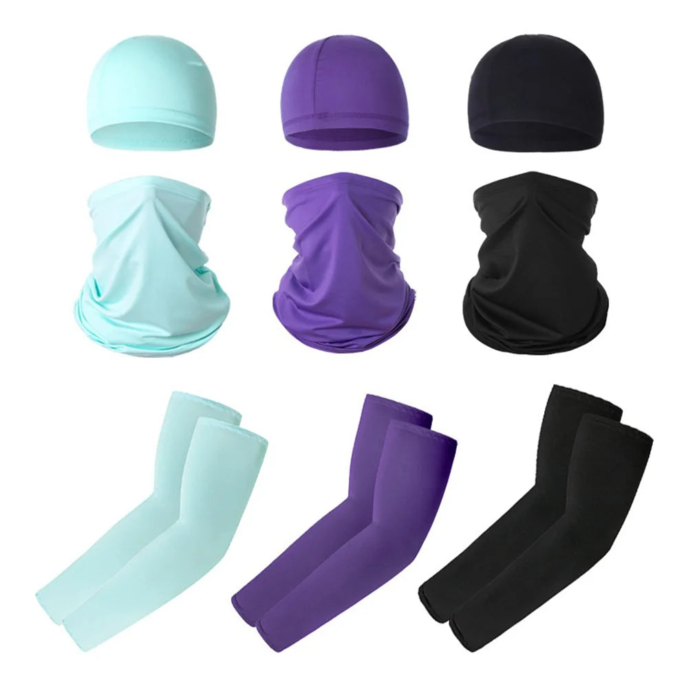 Summer UV Protection Breathable Ice Silk Arm Sleeves Beanie Cap Neck Gaiter Magic Headband Set for Outdoor Cycling - Black - 3