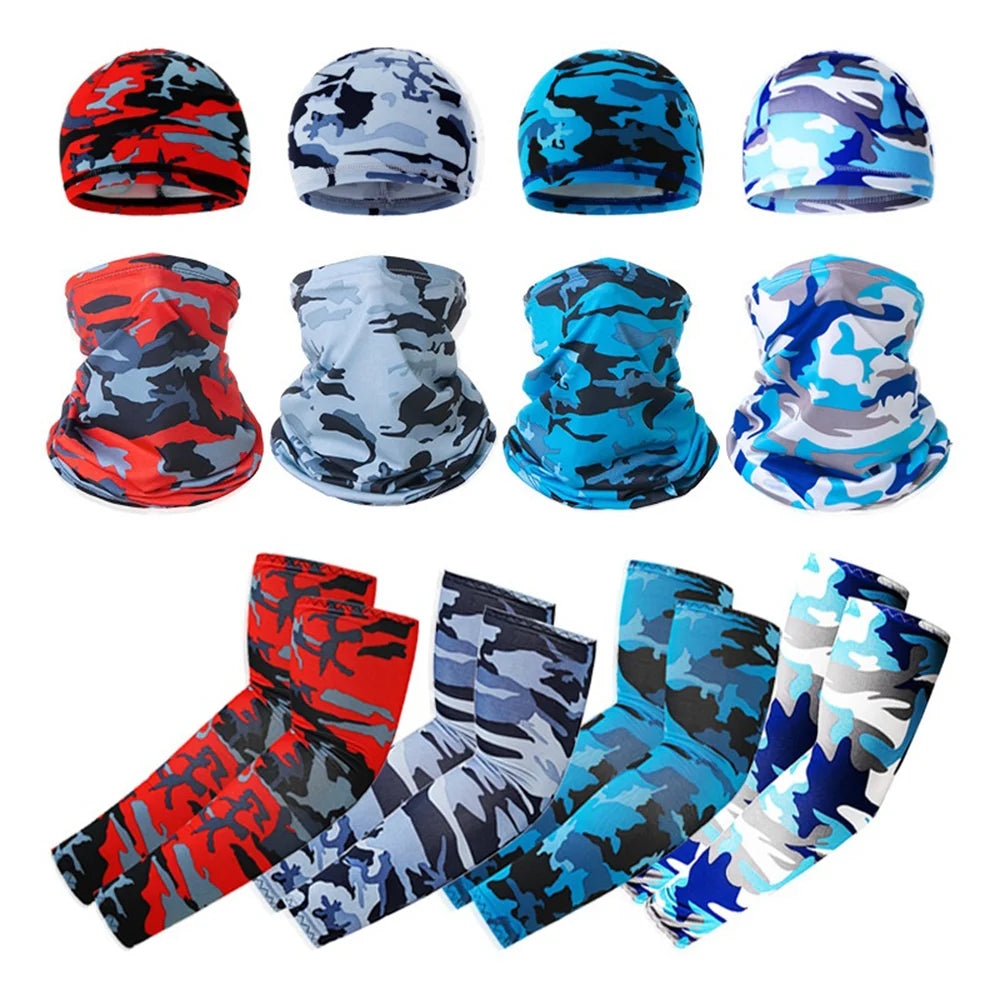 Summer UV Protection Breathable Ice Silk Arm Sleeves Beanie Cap Neck Gaiter Magic Headband Set for Outdoor Cycling - Black - 4