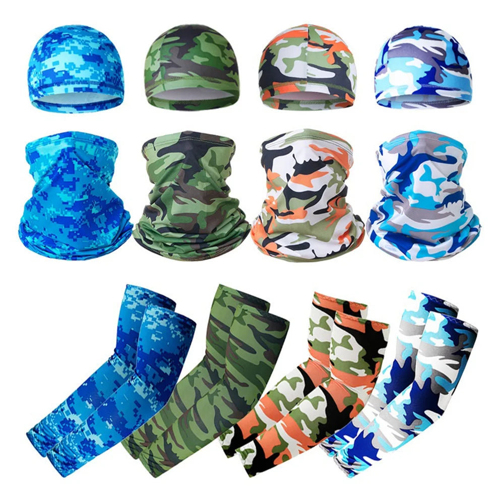 Summer UV Protection Breathable Ice Silk Arm Sleeves Beanie Cap Neck Gaiter Magic Headband Set for Outdoor Cycling - Black - 5