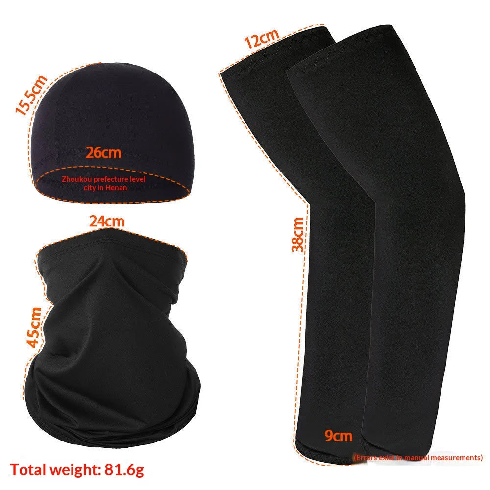 Summer UV Protection Breathable Ice Silk Arm Sleeves Beanie Cap Neck Gaiter Magic Headband Set for Outdoor Cycling - Black - 6