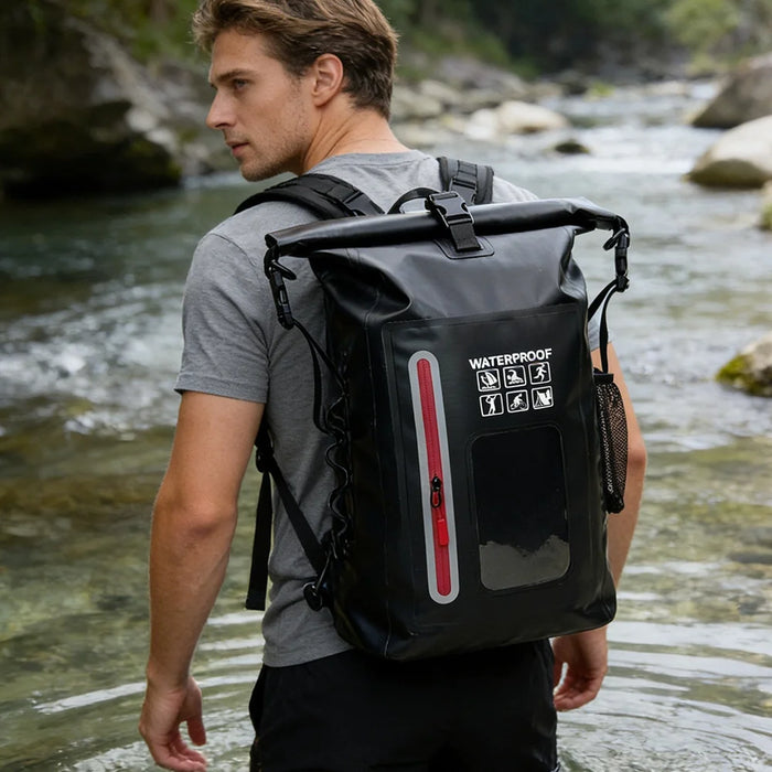25L Outdoor IPX6 Waterproof Backpack Roll Top Reflective PVC Dry Bag for Swimming Rafting - Black - 3