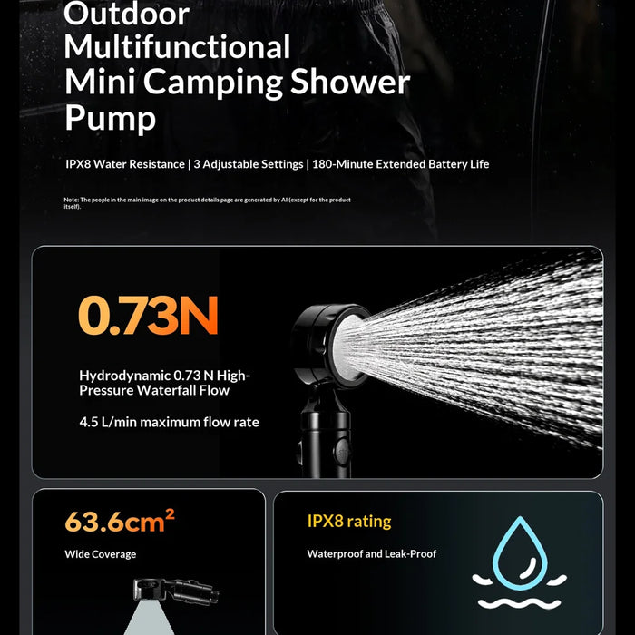 QUNATURE 60018901 Portable Electric Shower Pump 8000mAh Battery IPX8 Waterproof 3 Modes for Camping Outdoor - Black - 3