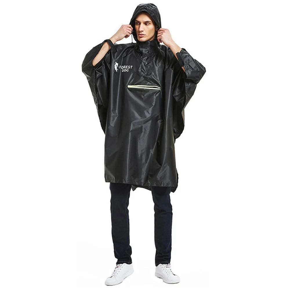 FOREST DOG Men Women Outdoor Camping Hiking Rain Poncho Reflective Raincoat - Black - 2