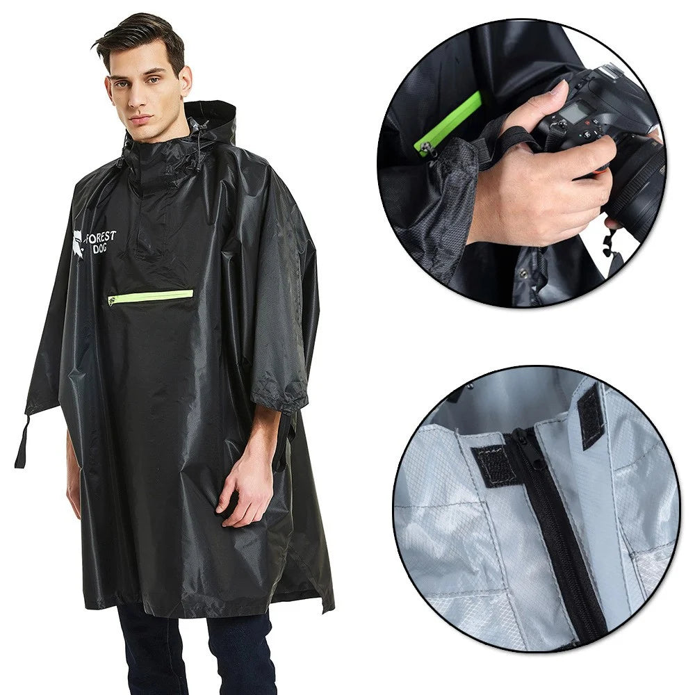 FOREST DOG Men Women Outdoor Camping Hiking Rain Poncho Reflective Raincoat - Black - 4
