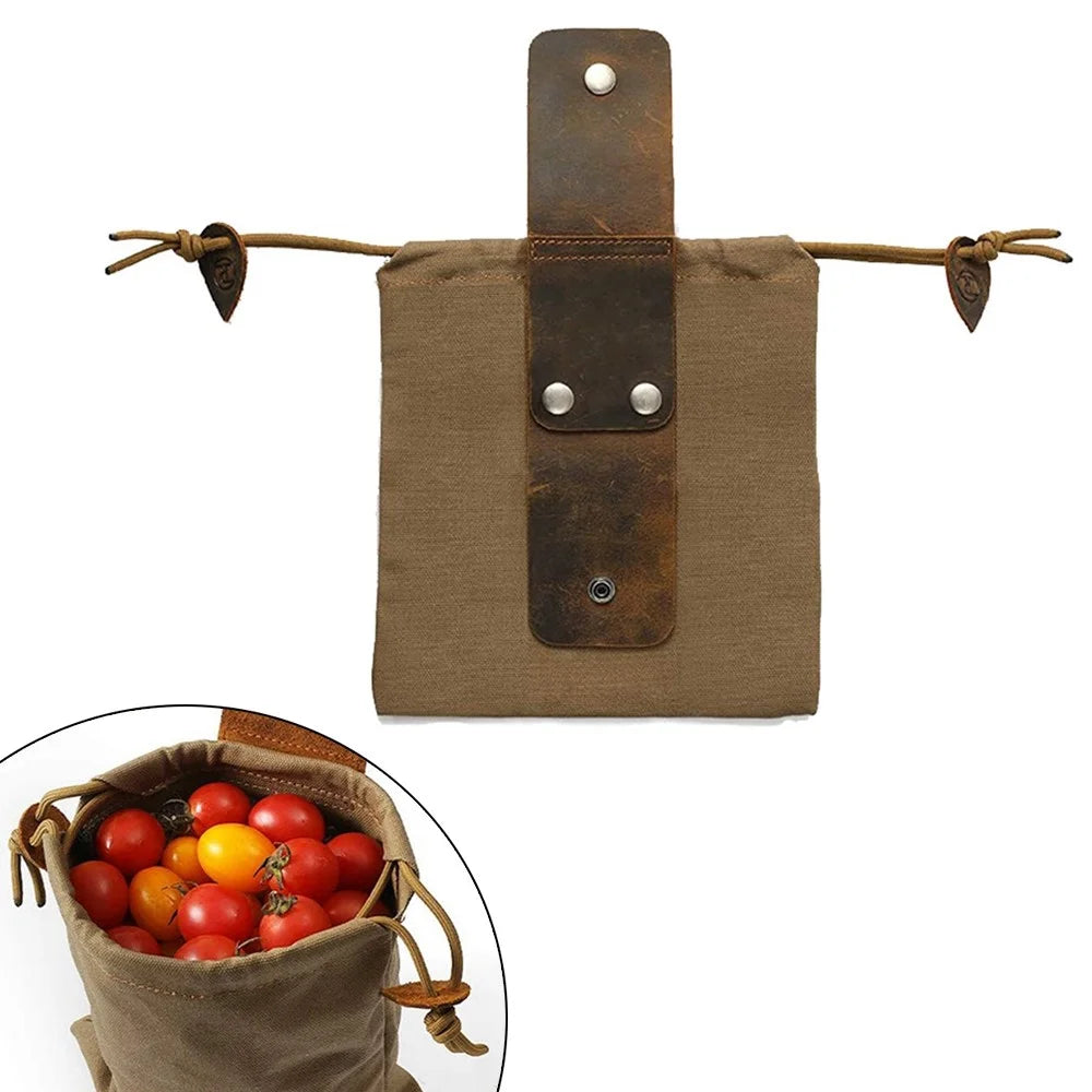Garden Picking Fruit Bag Canvas Drawstring Foraging Bag Belt Bag Harvesting Bag - Brown - 1