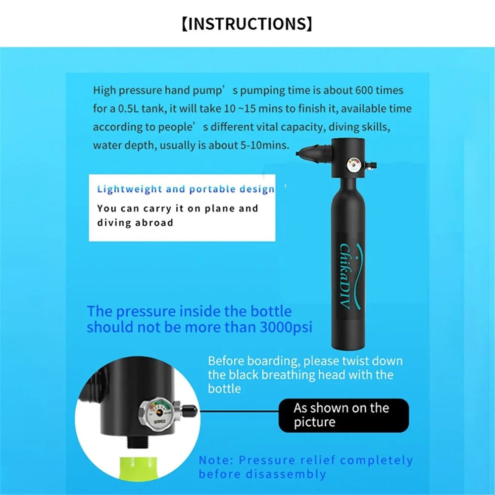 CHIKADIV C300-A1 Mini Scuba Tank Diving Gear for Diver 0.5L Diving Tank Diving Cylinder with 5-10 Minutes Backup Diving Equipment Kit for Underwater - Black - 7