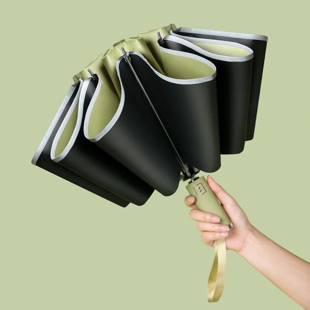 Reflective Automatic Umbrella Sun-proof Rainproof Dual-use Folding Reverse Type Umbrella Large UV Protection Umbrella - Matcha Green - 3