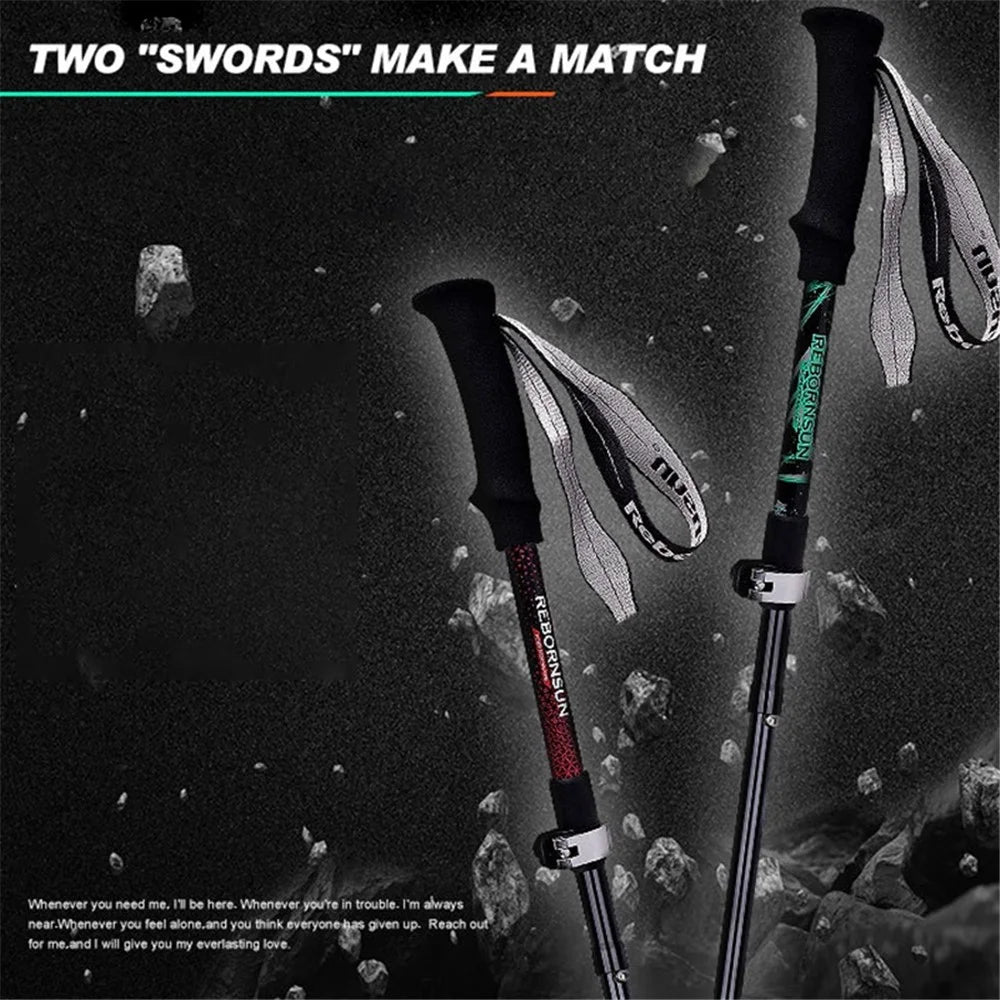 REBORNSUN RBZDGR1017 Carbon Fiber Mountain Trekking Poles Anti-shock Lightweight Foldable Walking Hiking Sticks - Black - 2