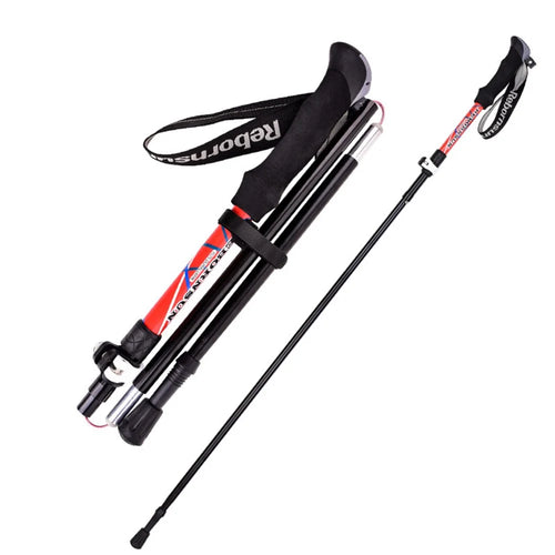 REBORNSUN RBZD0304 Folding Aluminum Alloy Trekking Pole 5-Section Ultra-Light Hiking Stick Adjustable Outdoor Ultra-Short Hiking Pole with External Safe Lock - Red - 1