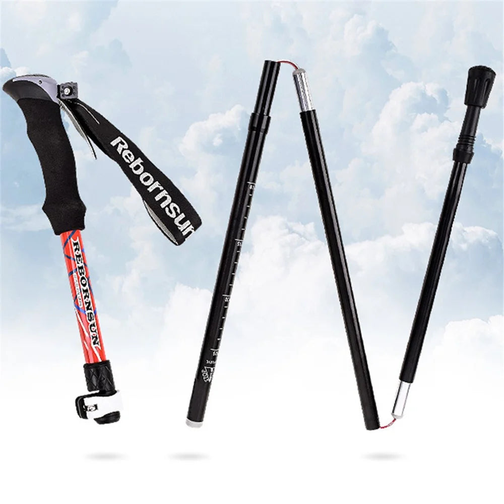 REBORNSUN RBZD0304 Folding Aluminum Alloy Trekking Pole 5-Section Ultra-Light Hiking Stick Adjustable Outdoor Ultra-Short Hiking Pole with External Safe Lock - Red - 3