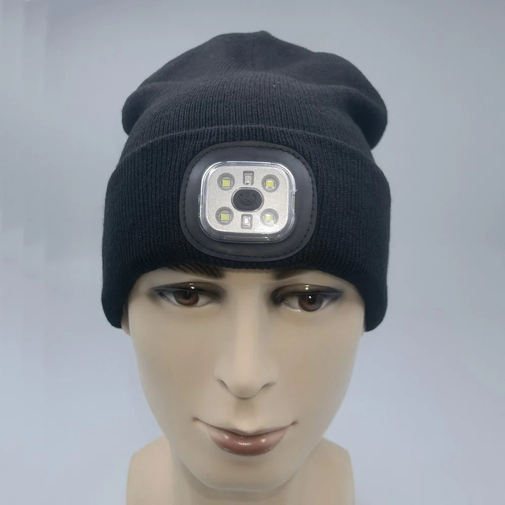 Outdoor 4 LED Warm Cap Winter Knitted Hat with Lights for Hiking Fishing Cycling, Running - Black - 2
