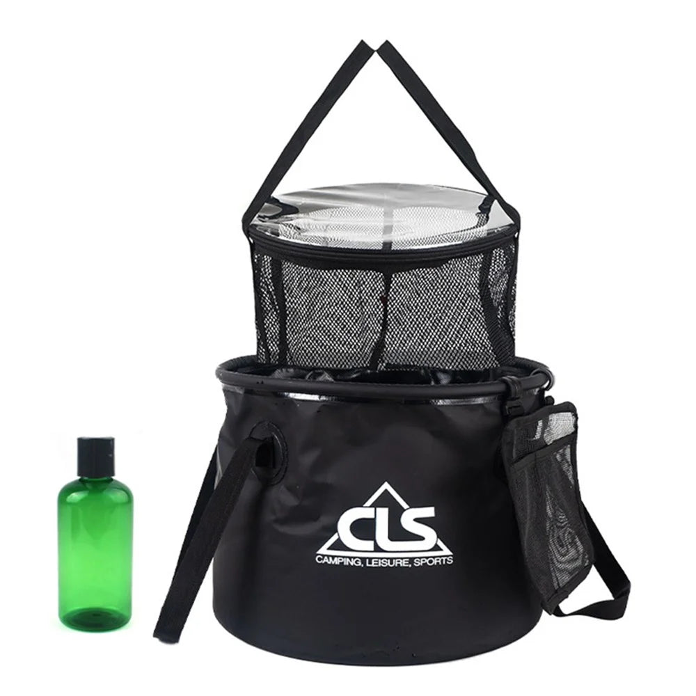 CLS 4Pcs Outdoor Drain Basket Set with Side Mesh Bag + 220ml Bottle Portable Folding Bucket - 1