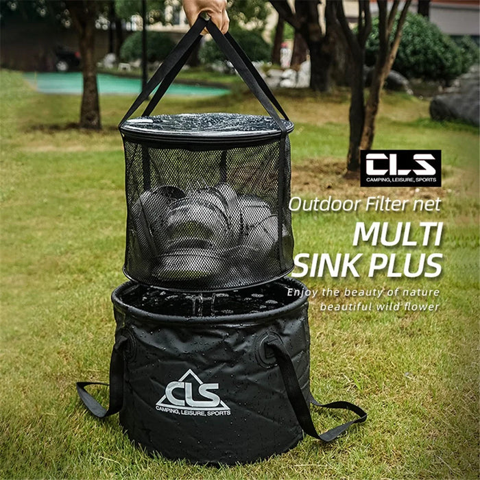 CLS 4Pcs Outdoor Drain Basket Set with Side Mesh Bag + 220ml Bottle Portable Folding Bucket - 2