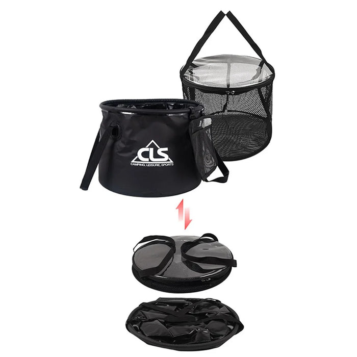 CLS 4Pcs Outdoor Drain Basket Set with Side Mesh Bag + 220ml Bottle Portable Folding Bucket - 7