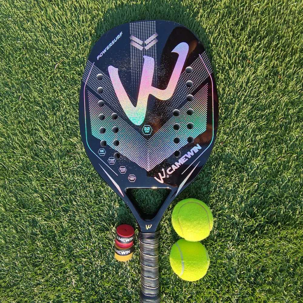 CAMEWIN 4006 Tennis Paddle Racquet 3K Carbon Fiber+Soft EVA Beach Tennis Racket, with Wristband + 2 Grip Tape - Black+Silver - 2