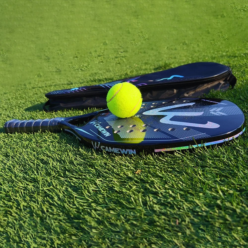 CAMEWIN 4006 Tennis Paddle Racquet 3K Carbon Fiber+Soft EVA Beach Tennis Racket, with Wristband + 2 Grip Tape - Black+Silver - 3