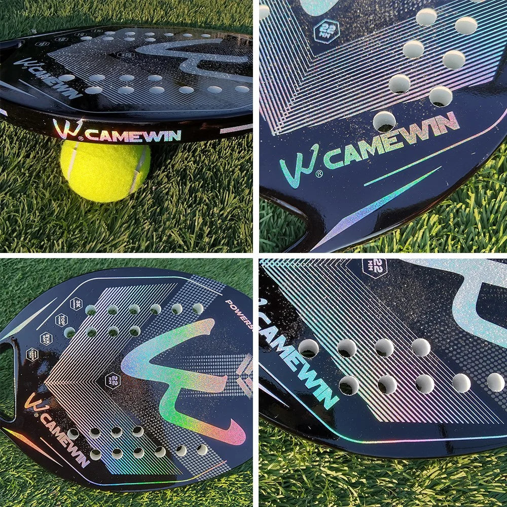 CAMEWIN 4006 Tennis Paddle Racquet 3K Carbon Fiber+Soft EVA Beach Tennis Racket, with Wristband + 2 Grip Tape - Black+Silver - 4