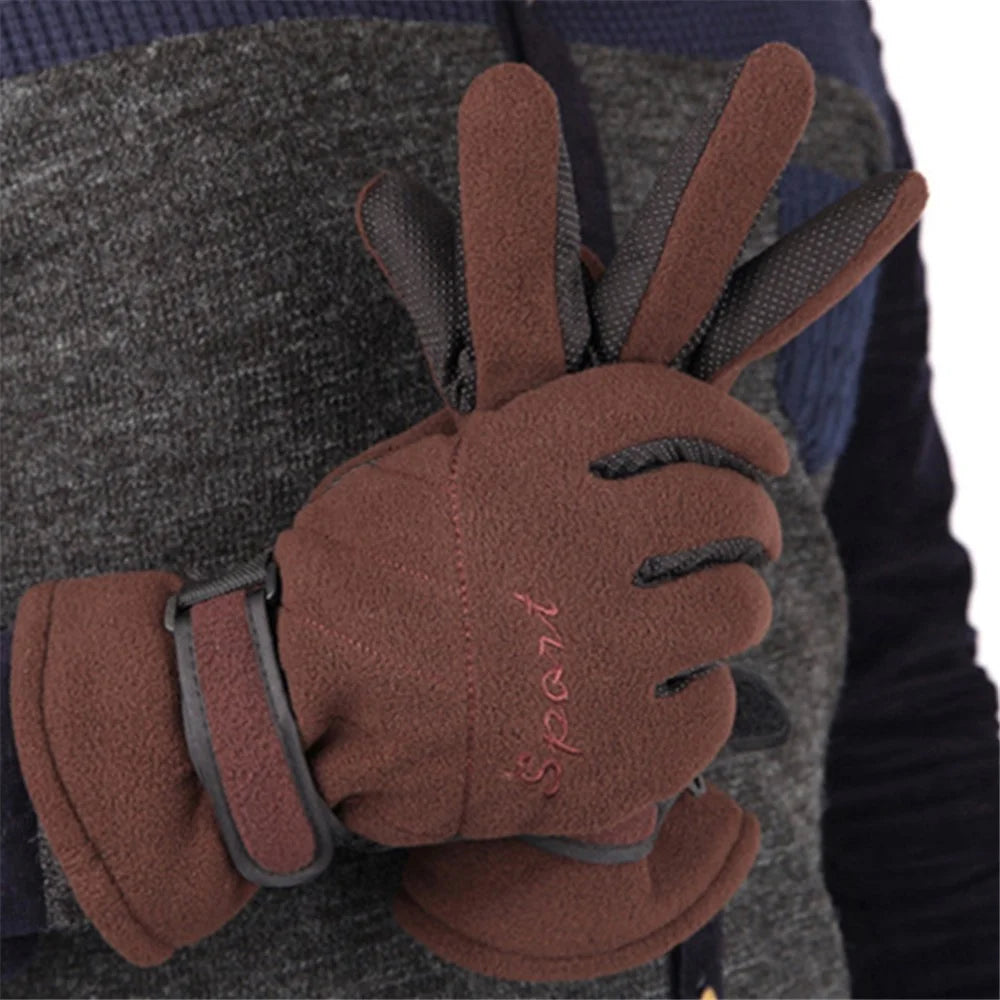 AOTU 1 Pair Winter Outdoor Skiing Cycling Polar Fleece Warm Gloves Windproof Anti-skid Full Finger Gloves - Coffee - 4