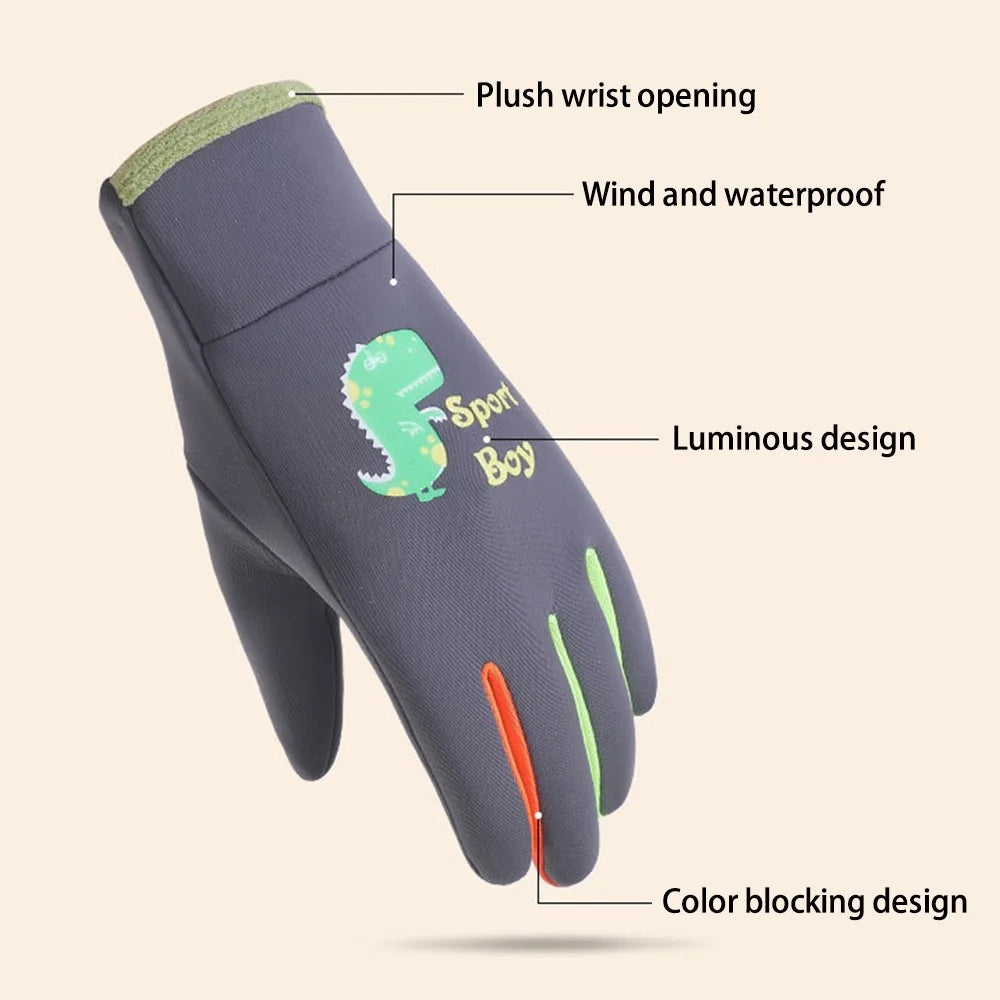 AOTU 1 Pair Winter Children Waterproof Gloves Kids Sports Reflective Fleece Lining Mittens (For 8-13 Years Old) - Pink - 4
