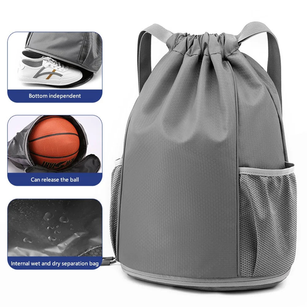 HALIN Men Women Outdoor Drawstring Backpack Waterproof Nylon Shoulder Bag with Reflective Strips - Grey - 2
