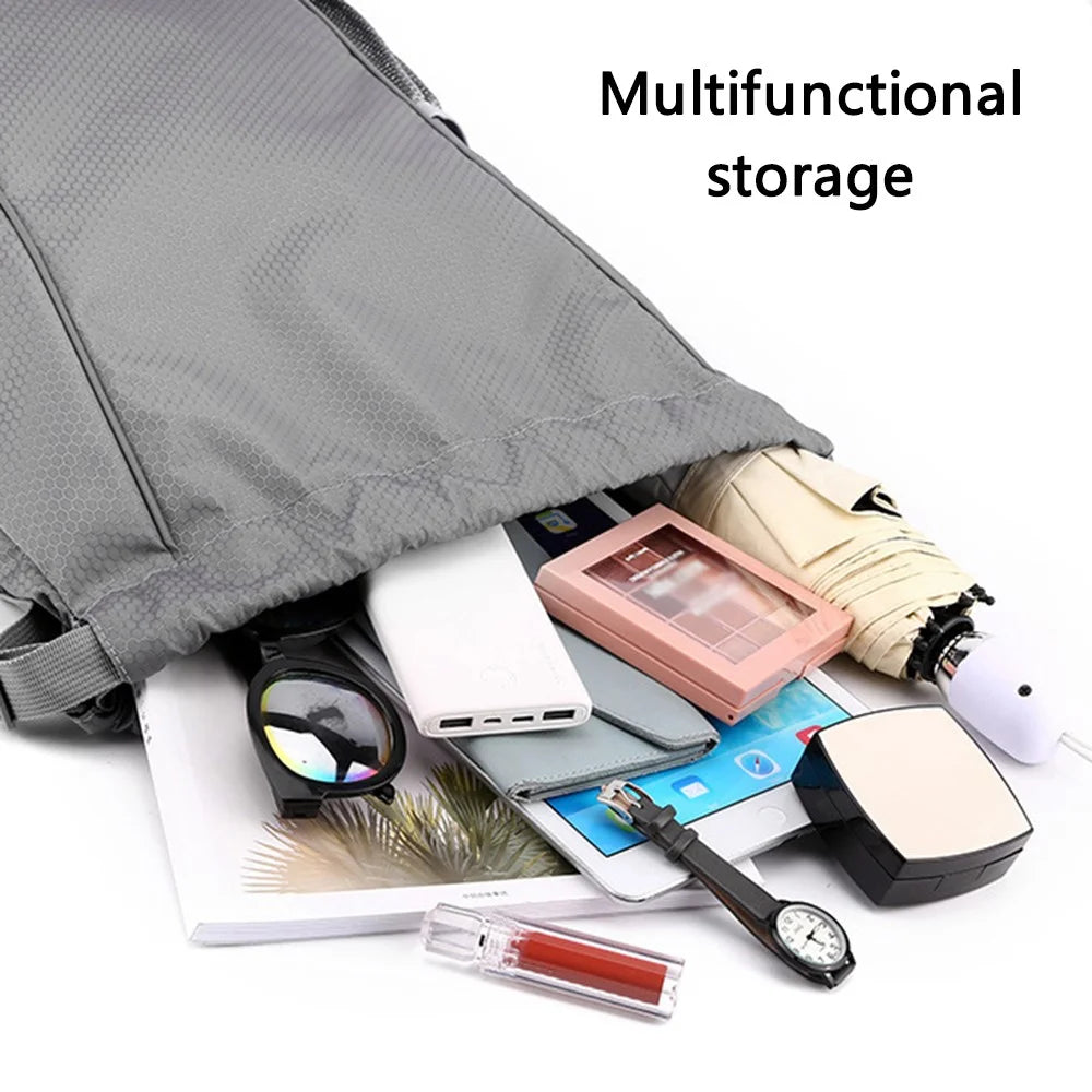 HALIN Men Women Outdoor Drawstring Backpack Waterproof Nylon Shoulder Bag with Reflective Strips - Grey - 3