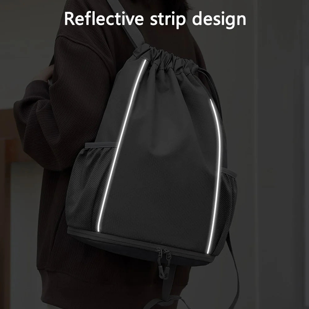 HALIN Men Women Outdoor Drawstring Backpack Waterproof Nylon Shoulder Bag with Reflective Strips - Grey - 4