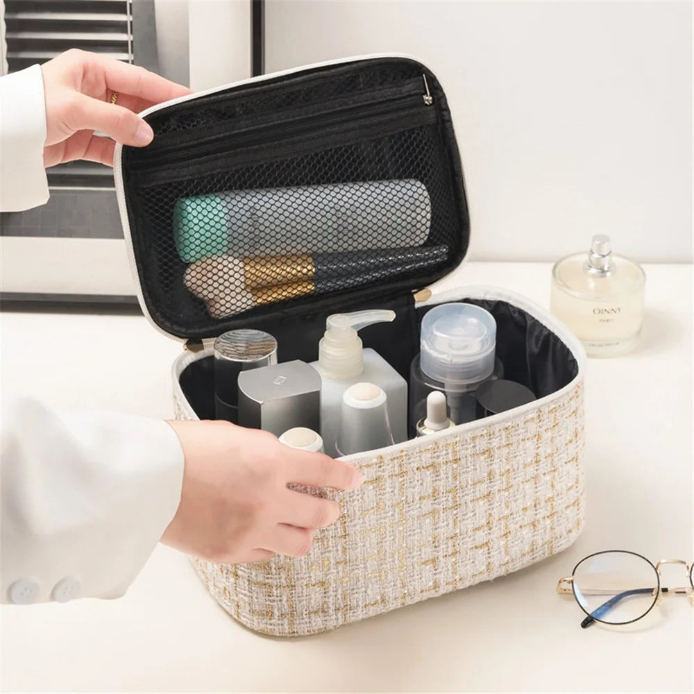 AOTU Cosmetics Bag Dual-Way Zipper Polyester Toiletry Bag Travel Supply Organizer for Makeup, Shampoo - Beige - 3