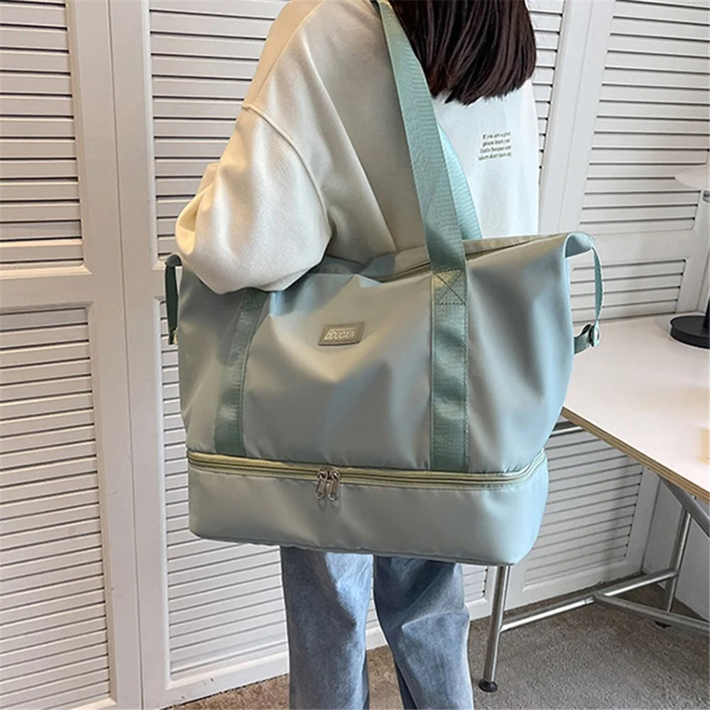 Large Capacity Nylon Waterproof Fitness Tote Single Shoulder Bag Travel Luggage Bag - Light Green - 2